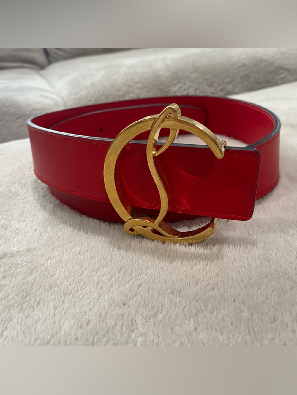 Christian Louboutin Red Leather Belt with Gold Metal Logo Buckle